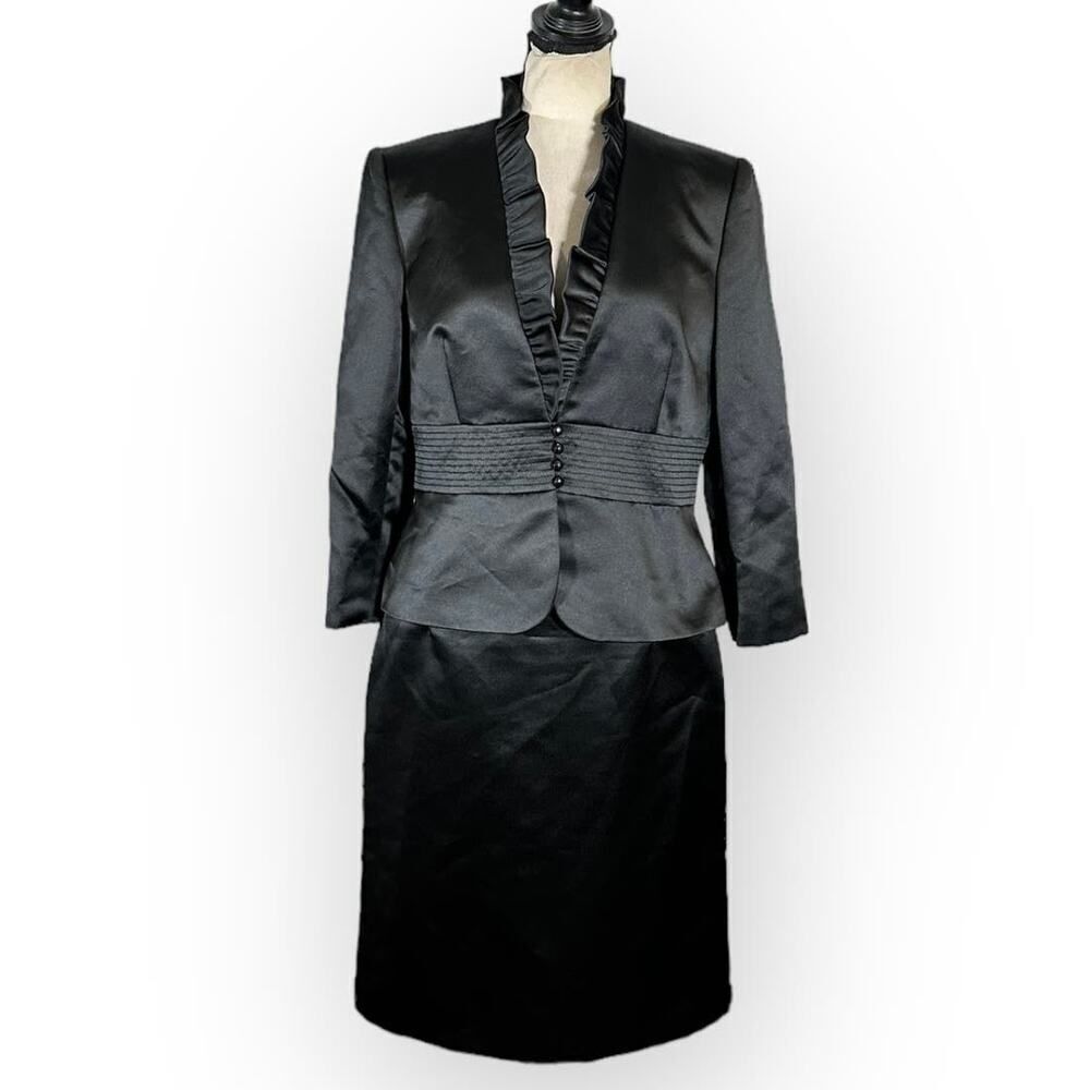 Tahari ASL Blazer Skirt Set Women's 10P Petite Black Long Sleeves Ruffle Neck